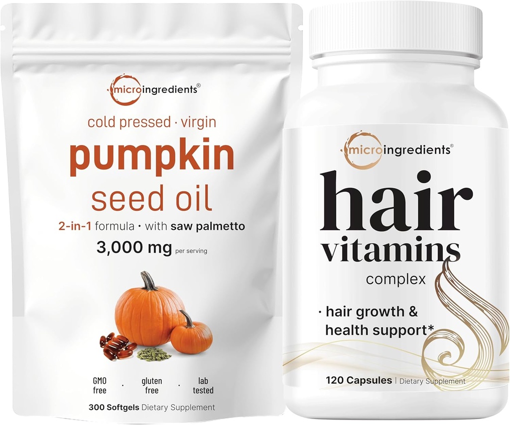Mikroingredienser Pumpkin Seed Oil med så Palmetto 3000 mg Softgels & hår vitaminer Complex Capsules ® 2 Pack Bundle ® Cold Pressed Jomfruolje ® 14-i-1 Hårvekst støtte med kollagen & Biotin