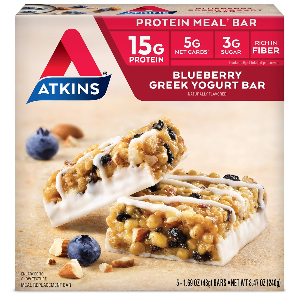 Atkins Blåbær Gresk Yogurt Protein Måltid Bar, Høy Fiber, 15g Protein, 3g Sukker, 5g Netkarbohydrater, Måltid Utskiftning, Keto Vennlig, 5 Count