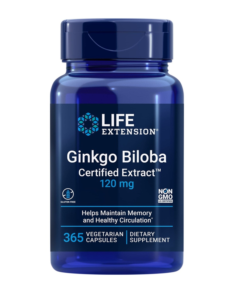 Livsforlengelse Ginkgo Biloba Certified ExtractTM, 120 mg, bidrar til å opprettholde hukommelse og kognisjon, glutenfri, ikke-GMO, vegetarisk, 365 kapsler