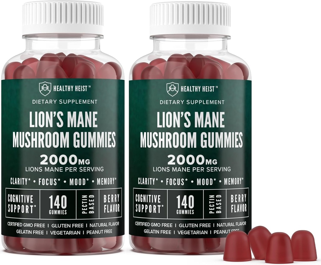 Lions Mane Mushroom Gummies for voksne, 280 greve bulk løve Chewables, høy styrke 10:1 organisk ekstrakt beløp til 2000 mg, Supplement støtter mental klarhet, fokus, Mood og hjerne tåke, 2 pakke