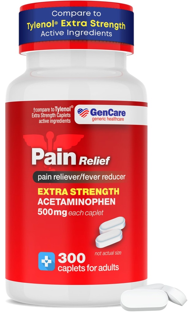 GenCare - Acetaminophen 500mg Extra styrke smertelindring (300 kapler) - Multi Symptom smertestillende for hodepine, Sinus, artritt, ryggsmerter muskelsmerter, tannsmerter, feberreduser, Migraine
