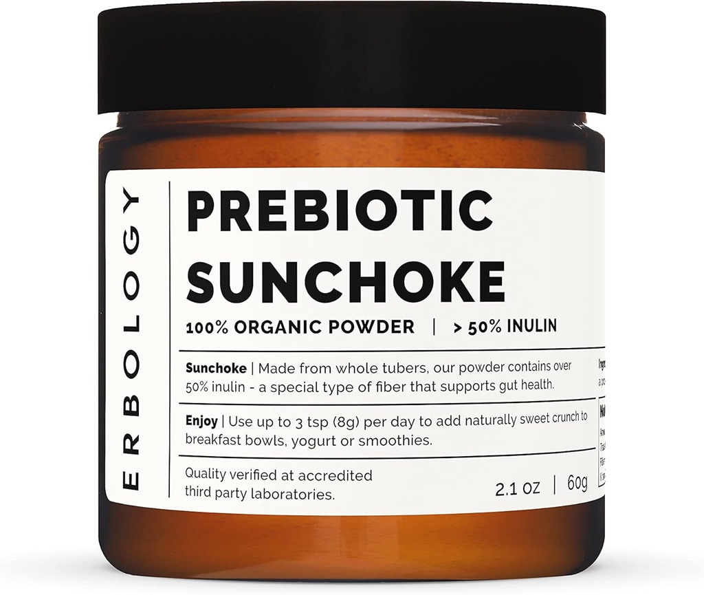 Erbologi Organic Sunchoke Powder 2.1 oz - 30 Serveringer - 50% Prebiotic Inulin Fiber - støtter gut helse og fremmer diverse mikrobiom - fôr god bakterier - Vegan - Glutenfri - GMO-fri