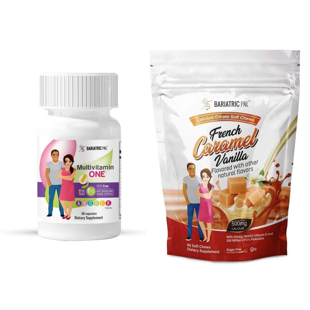 BariatricPal Duodenal Switch Komplett 30-dagers Supply Vitamin Pack (Iron-fri kapsel kalsium Citrat Mykt Chews med probiotika - Fransk Caramel Vanilla)