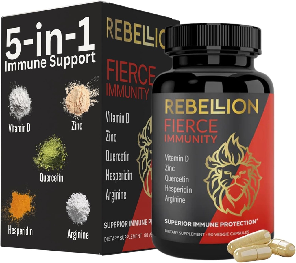 5-i-1 Fierce immunforsvarstilskudd, immunstøttesupplement og boosters for voksne, vitamin C, Quercetin, vitamin D, sink, L-arginin, hesperidin, immunforsvarsstøtte, 90 kapsler (1 måneds forsyning)