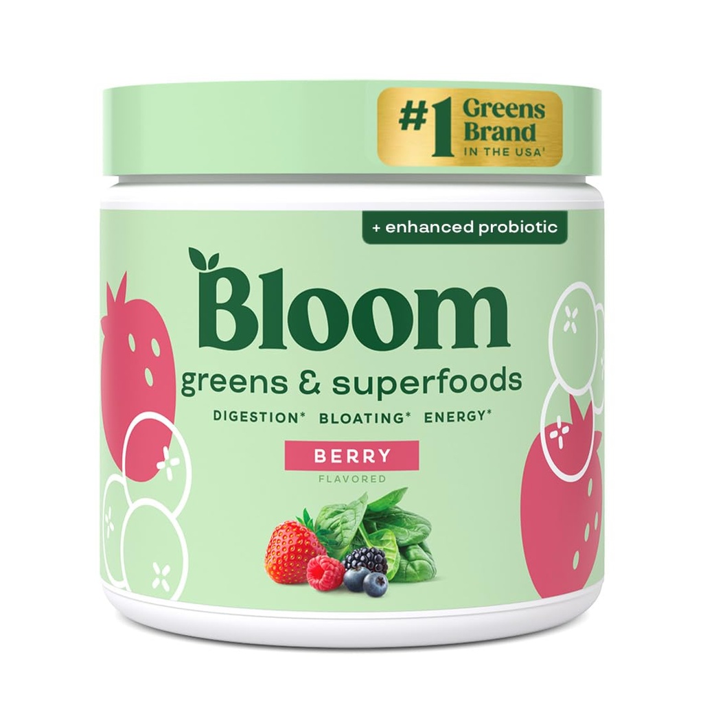 Bloom ernæring Superfood Grønn pulver, Digestive enzymer med probiotika og prebiotika, Gut helse, Bloating Relief for kvinner, Chlorella, Grønn Juice blanding med beet rot pulver, 30 SVG, Berry