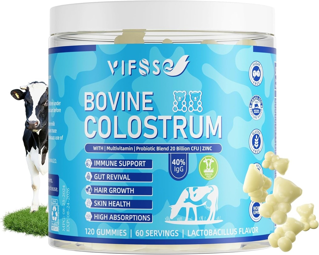 Gras Fed Colossum Supplement 2000mg, 120 Gummies Sukker Gratis 40% IgG Bovine Colossum Gummies + Probiotika, Multivitamin Etc for immunstøtte, Gut støtte, hår og hud