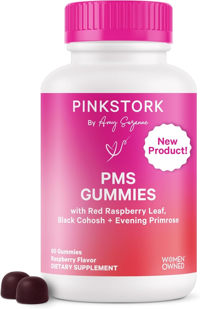 Pink Stork PMS Støtte Gummier for kvinner - Røde bringebærblad, Svart Cohosh, Aften Primrose olje - Bloating, Kraver, Hud, Mood - Hormonal syklus støtte - 60 Berry Gummies - Vegan, Plant-basert