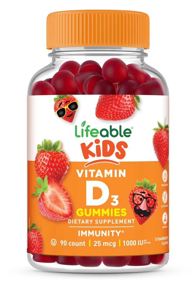 Livbare Kids vitamin D Gummies  Vitamin Vitamin D3 1000iu | Flott Tasting Vitamin D3 Gummies | D3 Vitamin for sterk sunne bein og immunstøtte | Vitamin D for barn, gutter, jenter | 90 Gummies