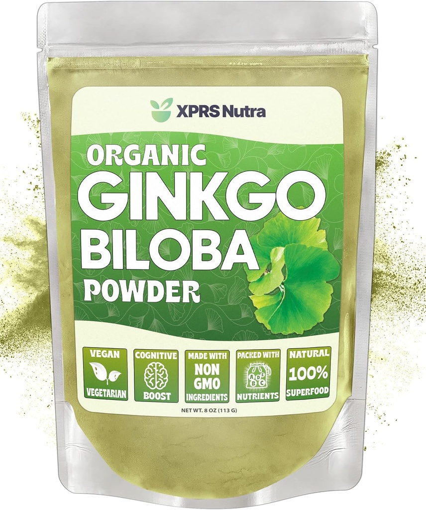 XPRS Nutra Organic Ginkgo Biloba pulver - Gingko Biloba Kosttilskudd for kognisjon - Vegansk Vennlig Ginkoba Biloba organisk - Immunity Boosting Ginkgo Biloba pulver (8 oz)