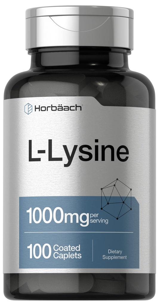 Horbäach L-Lysine 1000mg | 100 belagte kapeller | Gratis skjema kosttilskudd | Essential Aminosyre | Vegetarisk, ikke-GMO, og glutenfri formel