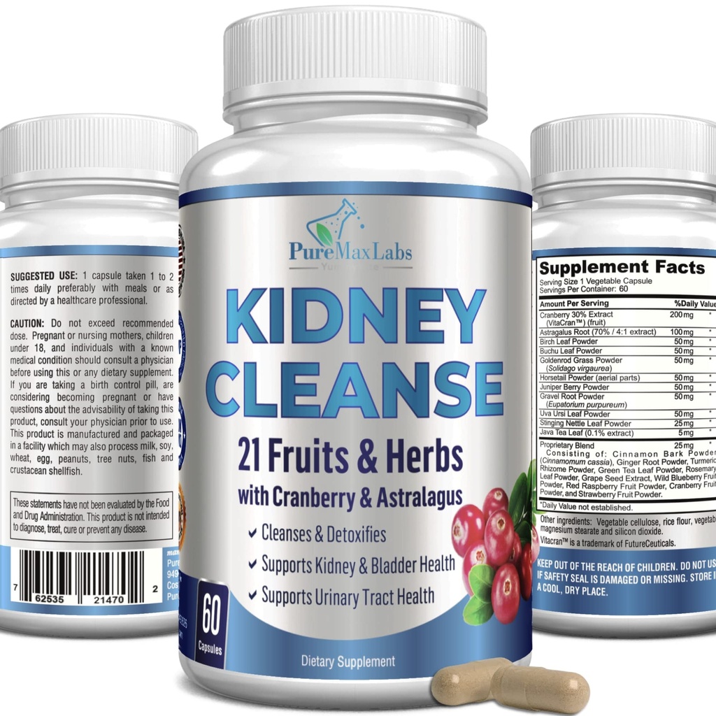 Herbal Nyre renser med Cranberry Extract, Astralagus - 21 Frukter og urter - Detox & Cleanse Urin Tract & Bladder Helse, Njurestøtte, 60 Vegankapsler