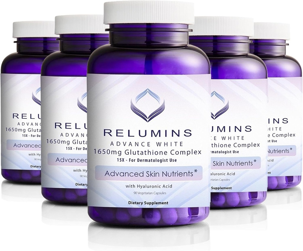 Aluminium 1650mg L-Glutathion Kompleks med hyaluronsyre, Alpha Lipoic Acid, Rose HIPS, Vitamin E & Riboflavin, Antioksidant støtte, Hud Hydration og velvære, laget i USA - 90 kapsler x 5 flasker