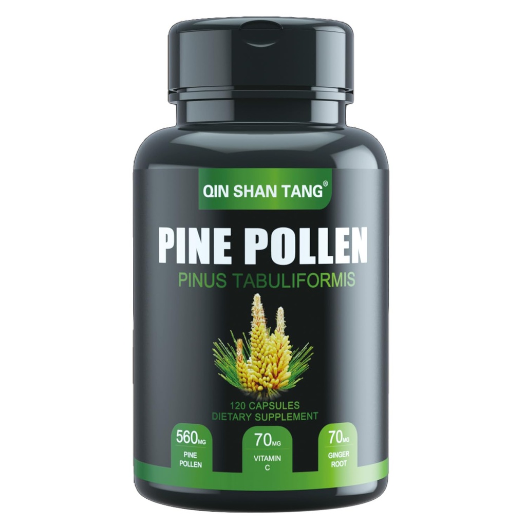 Pine Pollen Supplement wtih Ginger Root og vitamin C, 99% Cracked Cell Wall,120 Veggie Kapsler,Focus & Immune Forbedre for kvinner og menn