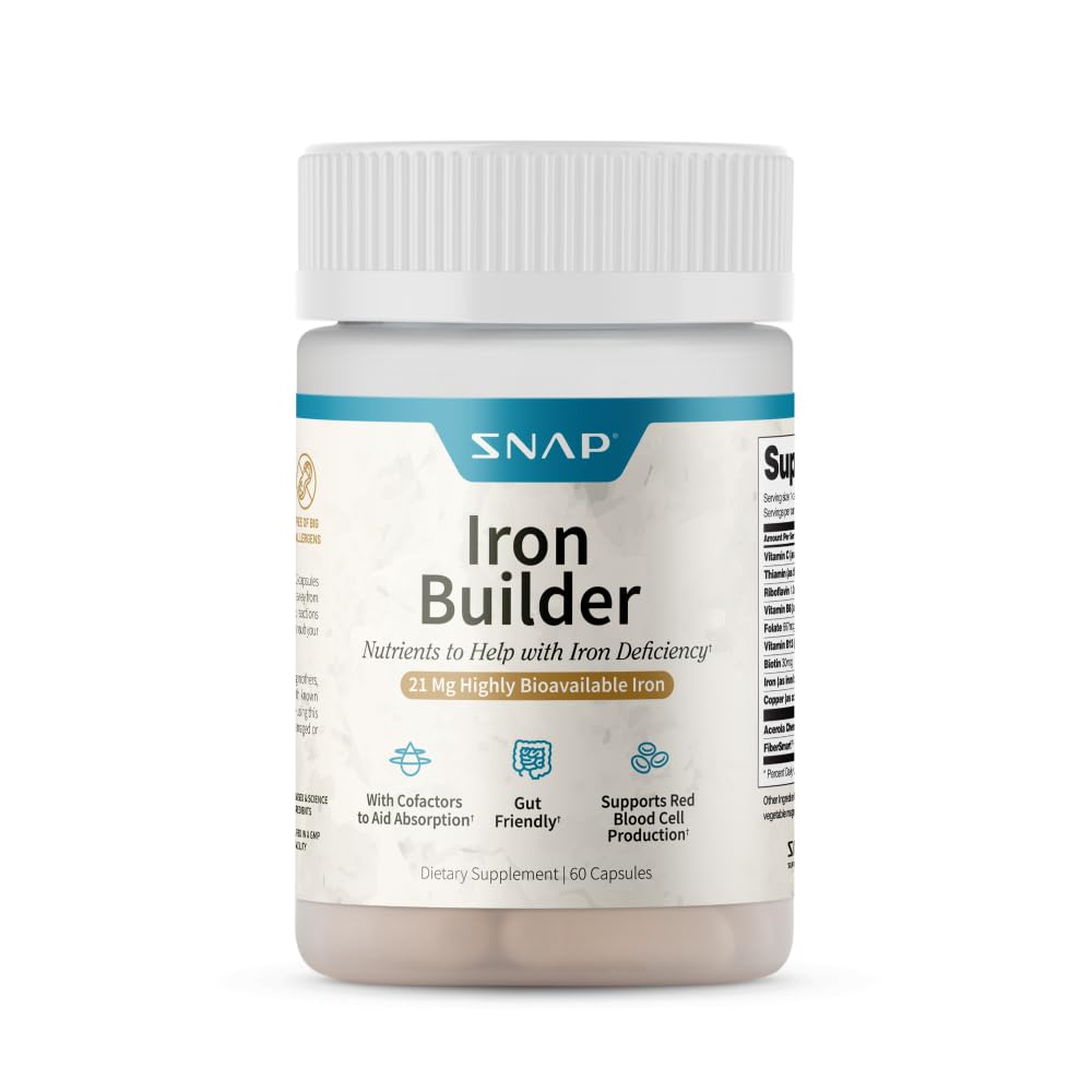 Snap Supplements Natural Iron Builder Supplements, 21 mg jernpiller for å øke energi, metabolisme og dialyse, absorber raskt vitaminer organiske næringsstoffer (60 kapsler)