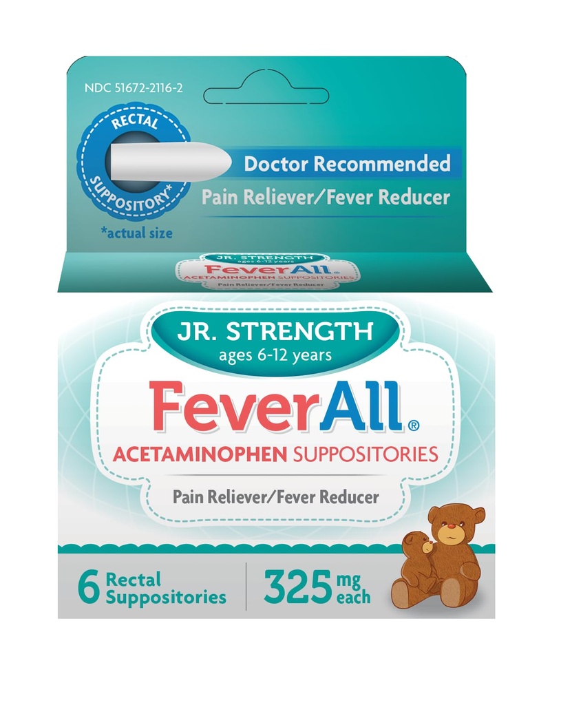 Feverall barn Acetaminophen Suppositories 6 Rektal Suppositories 325 mg Hver smerte Reliever / Fever Reduser. Paraben gratis, ingen kunstige farger eller andre konserveringsmidler. Alder 6-12 år