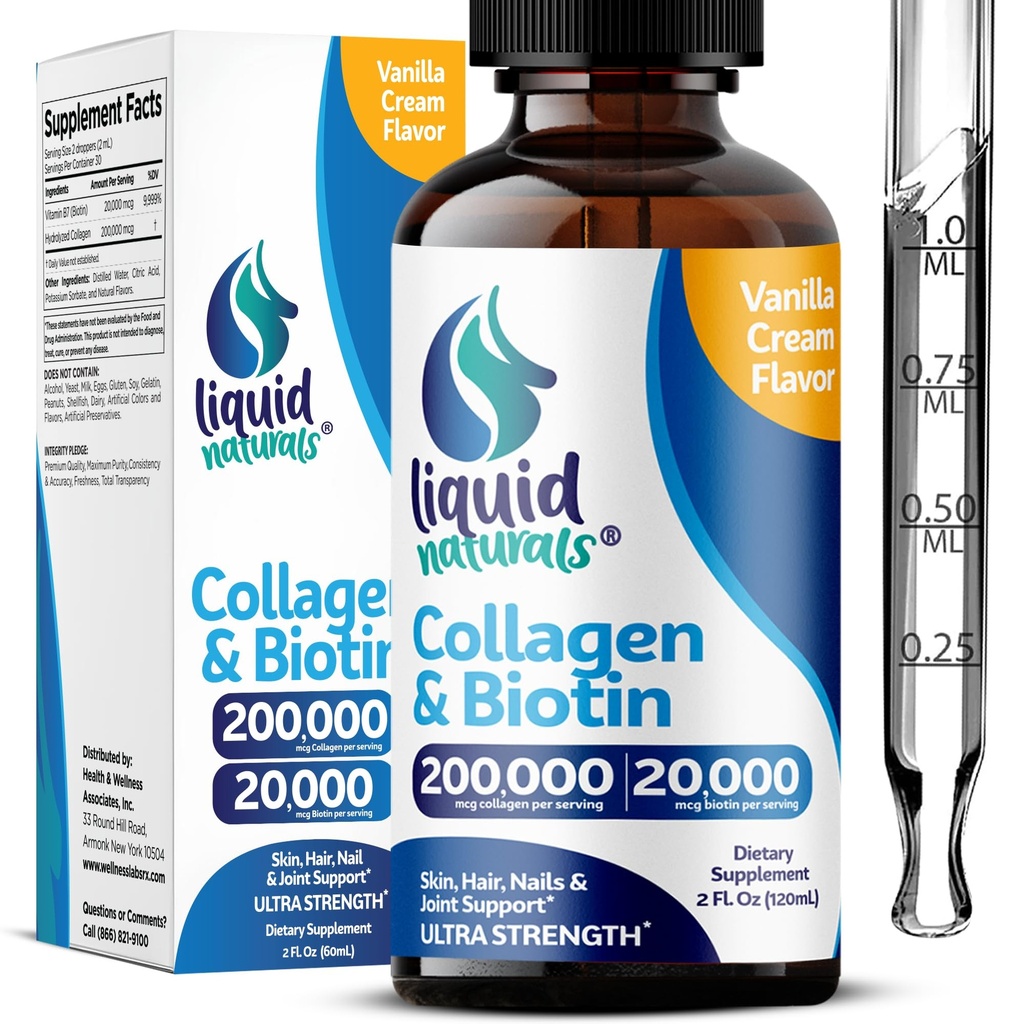 Væske kollagen og biotin, 2 Fl. Oz, ultra-sterkt kollagen kosttilskudd for kvinner, tredjeparts testet biotin for hårvekst kvinner, negler og hudvitaminer B7 collageno peptider - Vanilla Flavor