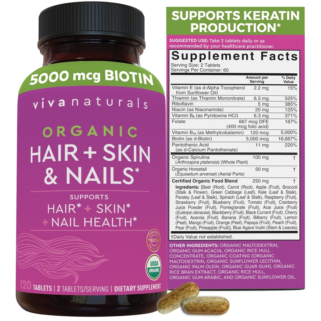 Biotin 5000 mhg Håret negler vitaminer for kvinner - organisk og vegetarisk-vennlig Supplement med vitamin E, B-vitaminer, spirulina, hestehale og supermat blanding for å hjelpe produsere keratin - 120 greve
