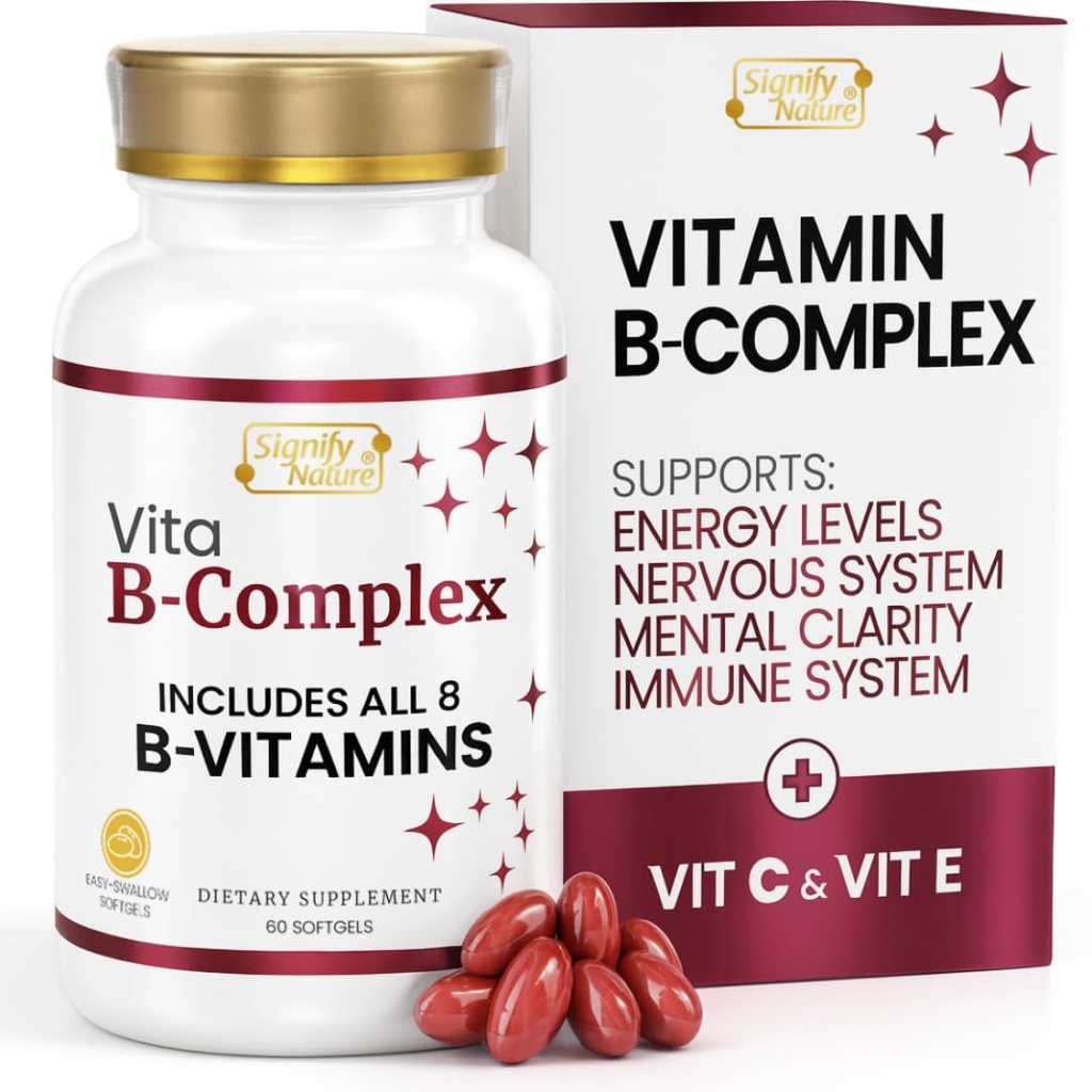 SIGNIFY NATURE VitaBComplex med vitamin C og E, B komplekse vitaminer for kvinner og menn, BComplex kosttilskudd, VIT B1, B2, B3, B5, B6, B8, B9, B12, Super B Softgels - 60 CT