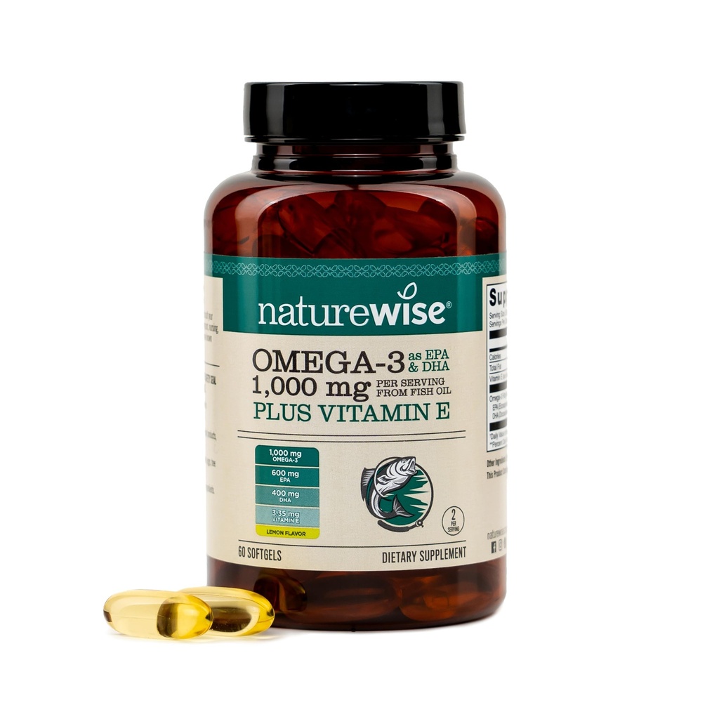 NatureWise Extra-styrke Omega 3 Fish Oil Supplement - 1000mg per servering - 600 EPA & 400 DHA og vitamin E - Støtte for hjerte og hjerne helse - Lemon Flavor, GMO-fri - 60 Softgels[1-måneders forsyning]
