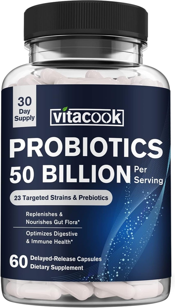 Probiotika 50 milliarder, 23 Strains med organiske prebiotika, Digestiv og immun støtte, Freeze-Dried, forsinket-substanse, bedre enn en dozen Yogurts, 60 Vegan Caps