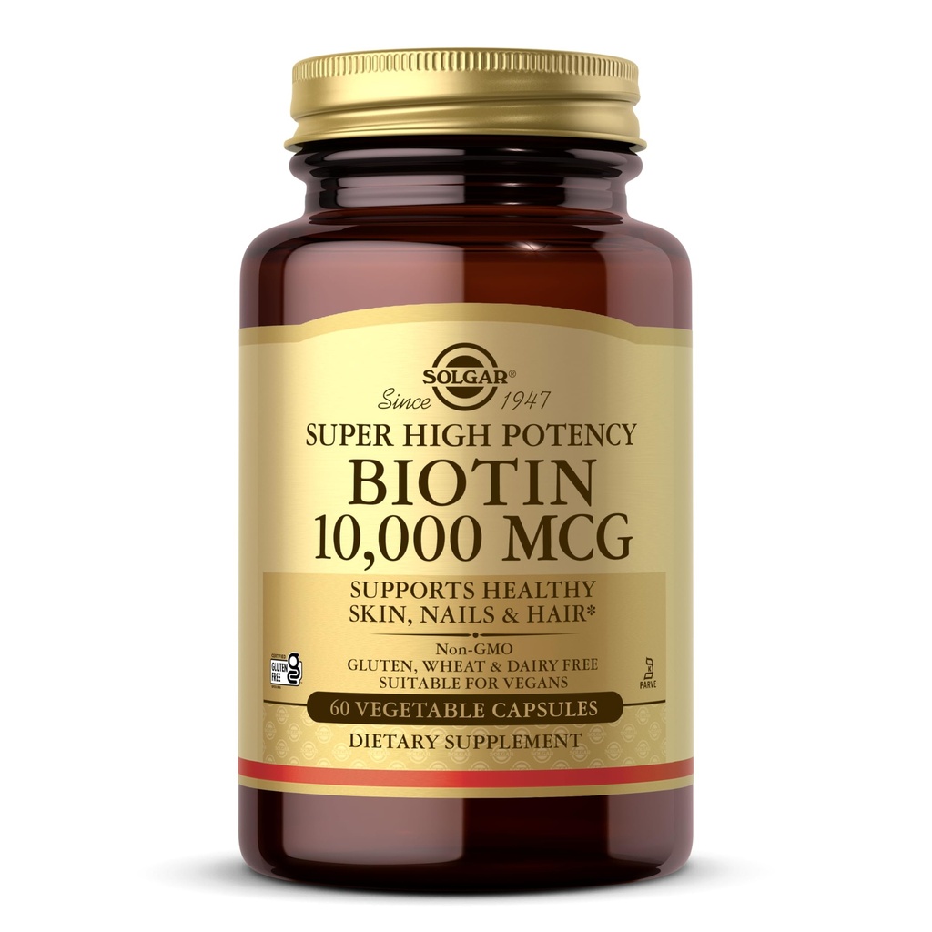 Solgar Biotin 10 000 mcg, 60 Grønnsaker kapsler - energi, metabolisme, fremmer sunn hud, negler og hår - Super høy styrke - ikke-GMO, Vegan, Glutenfri, Dairy Free, Kosher - 60 Services