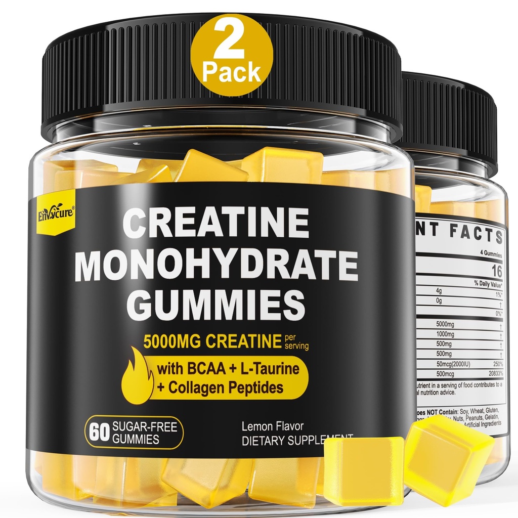 Kreatin Monohydrat Gummies for menn og kvinner - med BCAA, Collagen Peptider, L-Taurin, vitamin B12, D3, Chewables Kreatin Monohydrat 5g Per Serving, Naturlig sitron Flavor, Sukkerfri, 2 Pack