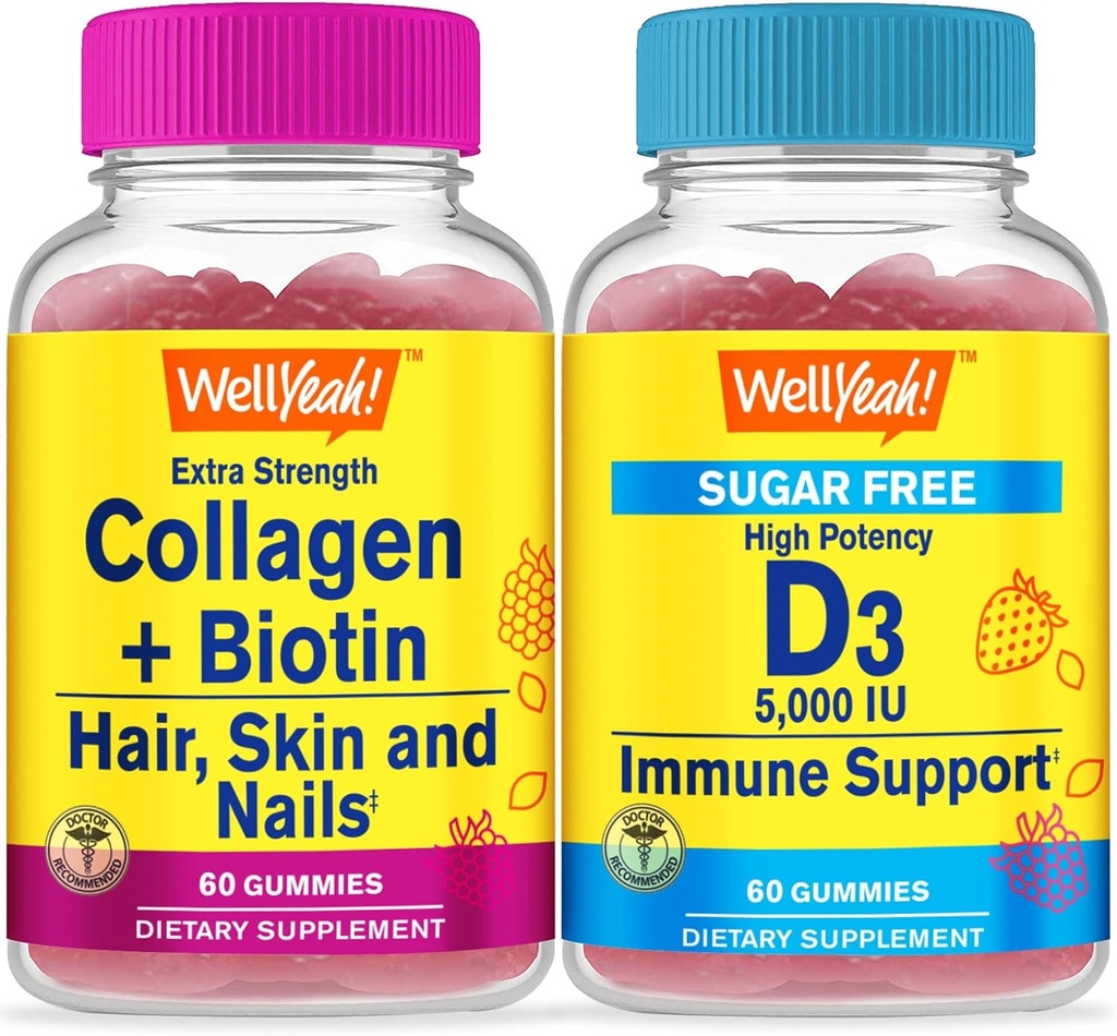 WellJah collagen + Biotin + vitamin D3 5000 IU Sugar Free, Gummies Bundle - Great Tasting, vitamin Supplement, Glutenfri, GMO Free, Chewable Gummy