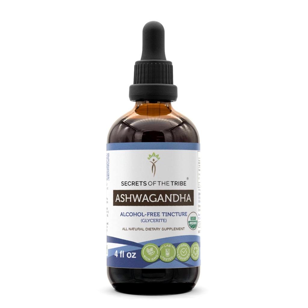 Ashwagandha USDA Økologisk Tinktur alkoholfri ekstrakt, Ashwagandha withania Somnifera Anti-stress og avslapning 4 OZ