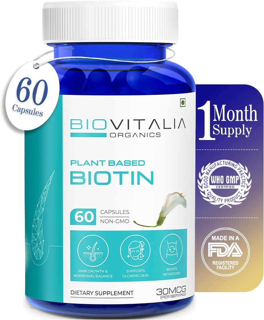 Plante Basert Ren Biotin Supplement Kapsler- Støtte Sterkere Nagler & Hårvekst Beriket med Sesbania Grandiflora Solflower frø Amla Beetroot & Spinat - 60 Veg Kapsler