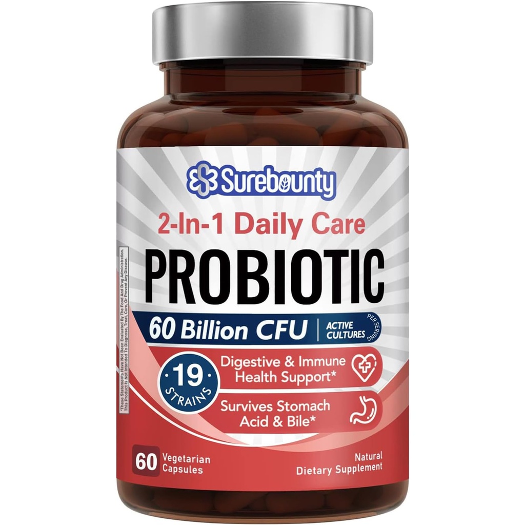 Probiotika 60 milliarder CFU 19 Strains for menn og kvinner, med 100 mg prebiotika, hyllestabil, 2-i-1 daglig omsorg probiotika, ikke-GMO, Digestive og immune helse, 60 Veggie kapsler