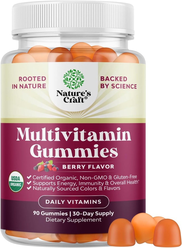 USDA organisk multivitamin for kvinner og menn - Vegansk organisk multivitamin for menn Gummier med sink & B kompleks vitaminer for forbedret energiimmunitet og daglig helse - Vegan og ikke-GMO (1 måned)
