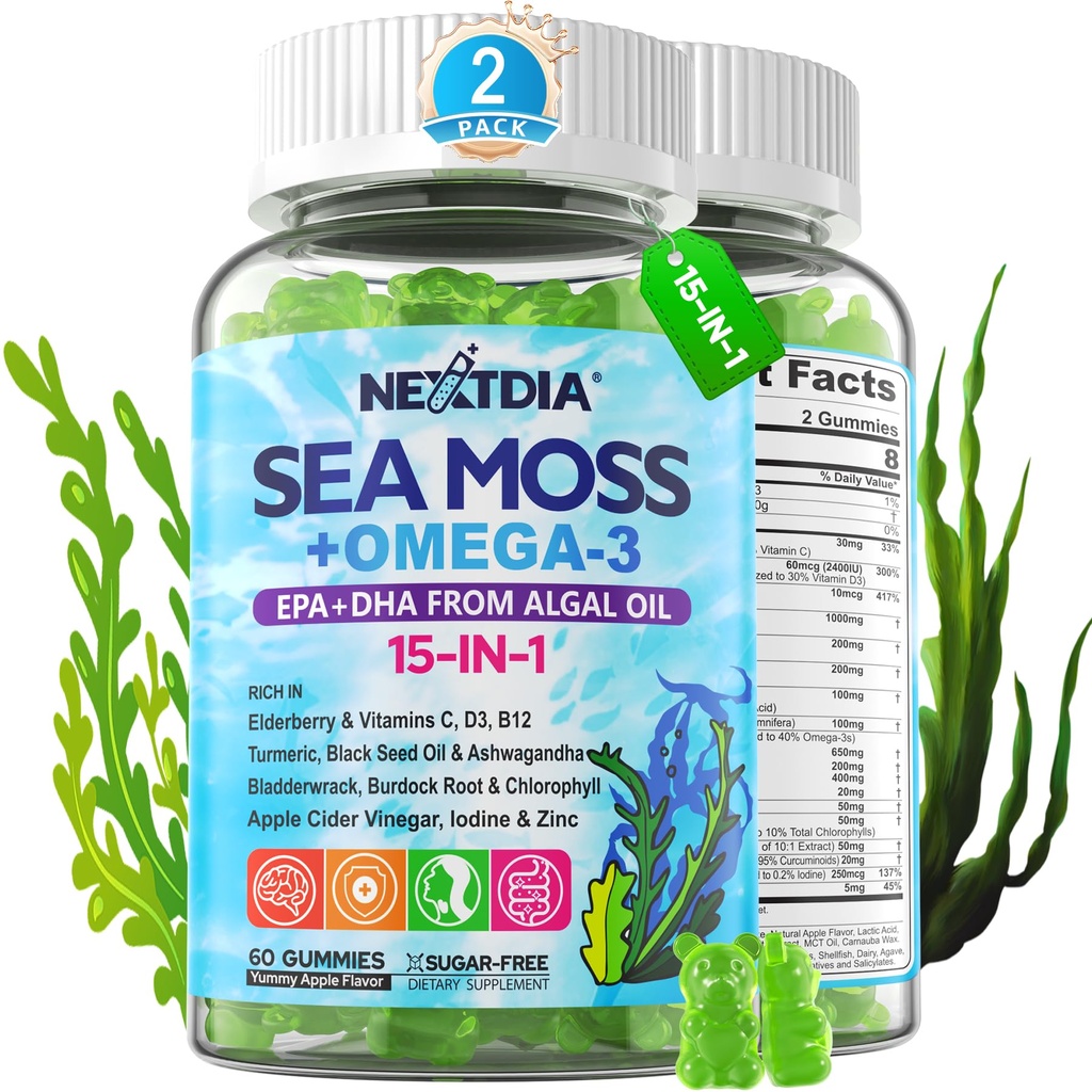 Sea Moss Gummies + Algae Omega-3 for voksen, 15-IN-1 Organic Irish Sea Moss Supermat med / Vitamins C D3 B12, Turmeric, Bladderwrack, støtter energi, hjerne, immun, daglig vitalitet, sukker-fri, 120 Cts