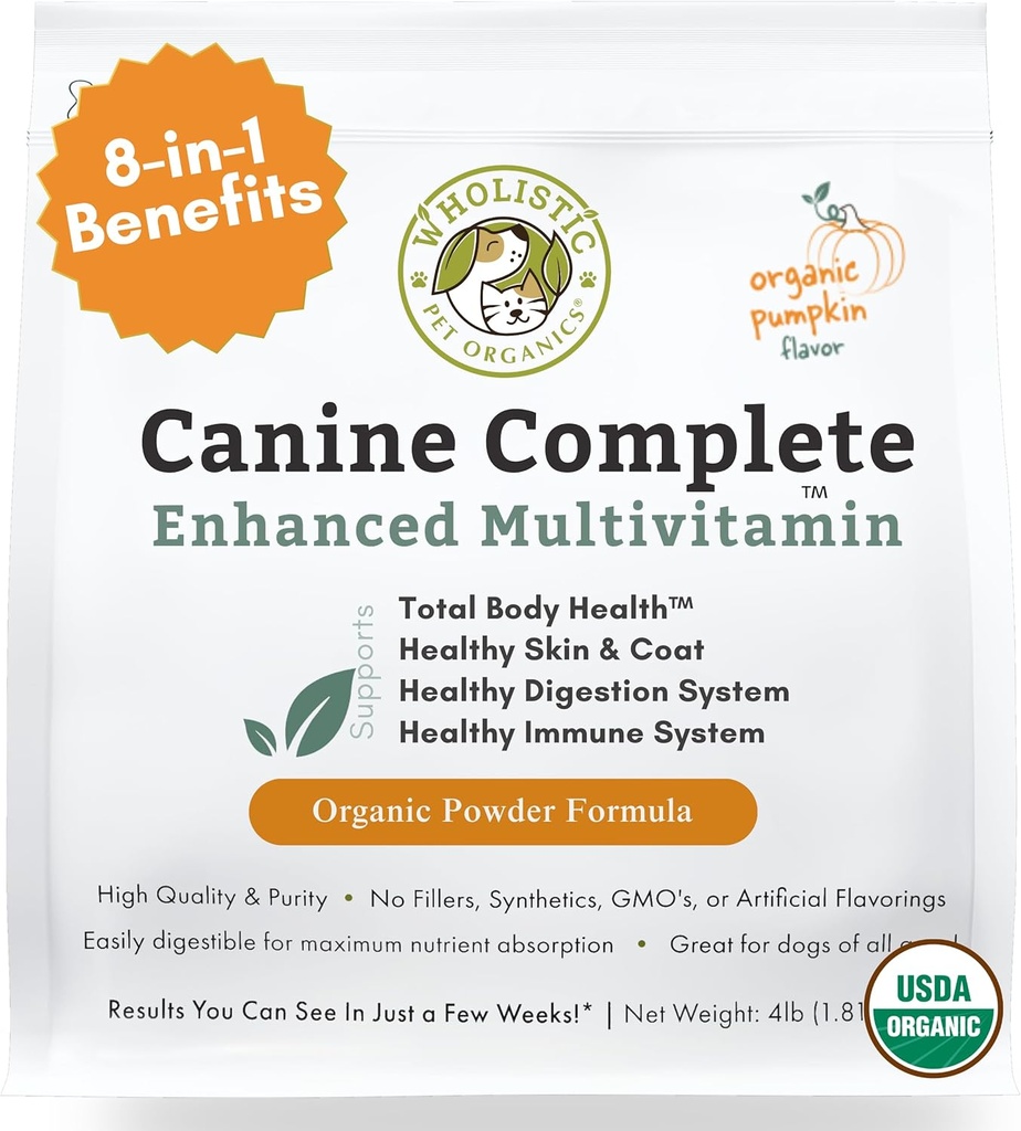 Wholistic Pet Organics Canine Complete - Hund Multivitamin pulver - 4 Lb - Daglige Hundevitaminer og kosttilskudd for hjemmelaget mat - Immunsystem, hud, Coat og generell helse - Små og store avler