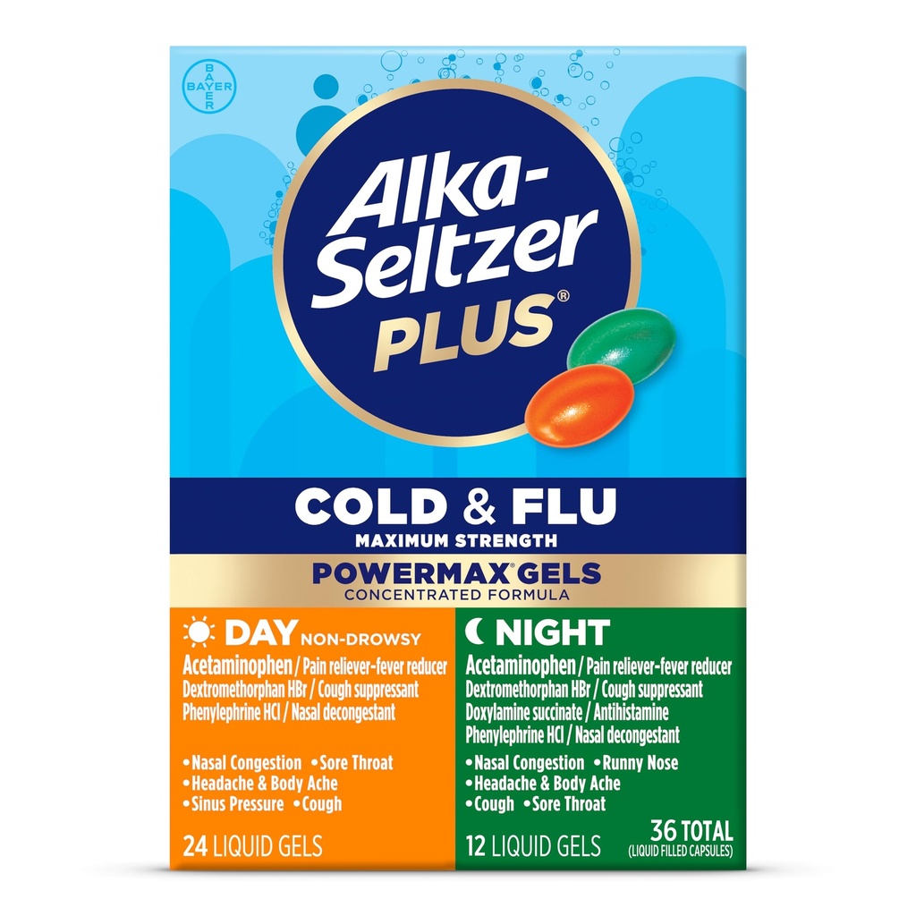 Alka-Seltzer Plus Power Max Cold & Flue Day + Night Medisin: Cough Suppressant, Kald og influensa medisin for voksne og barn 12 år og eldre, 36 greve, emballasje mai Vary