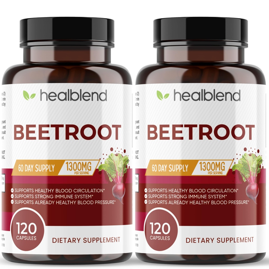 healblend Organic Nitric Oxid Beet Root Capsules 1300mg - Støtte immunsystem, Nitric Oxid Booster - 120 Count (2 Pack)