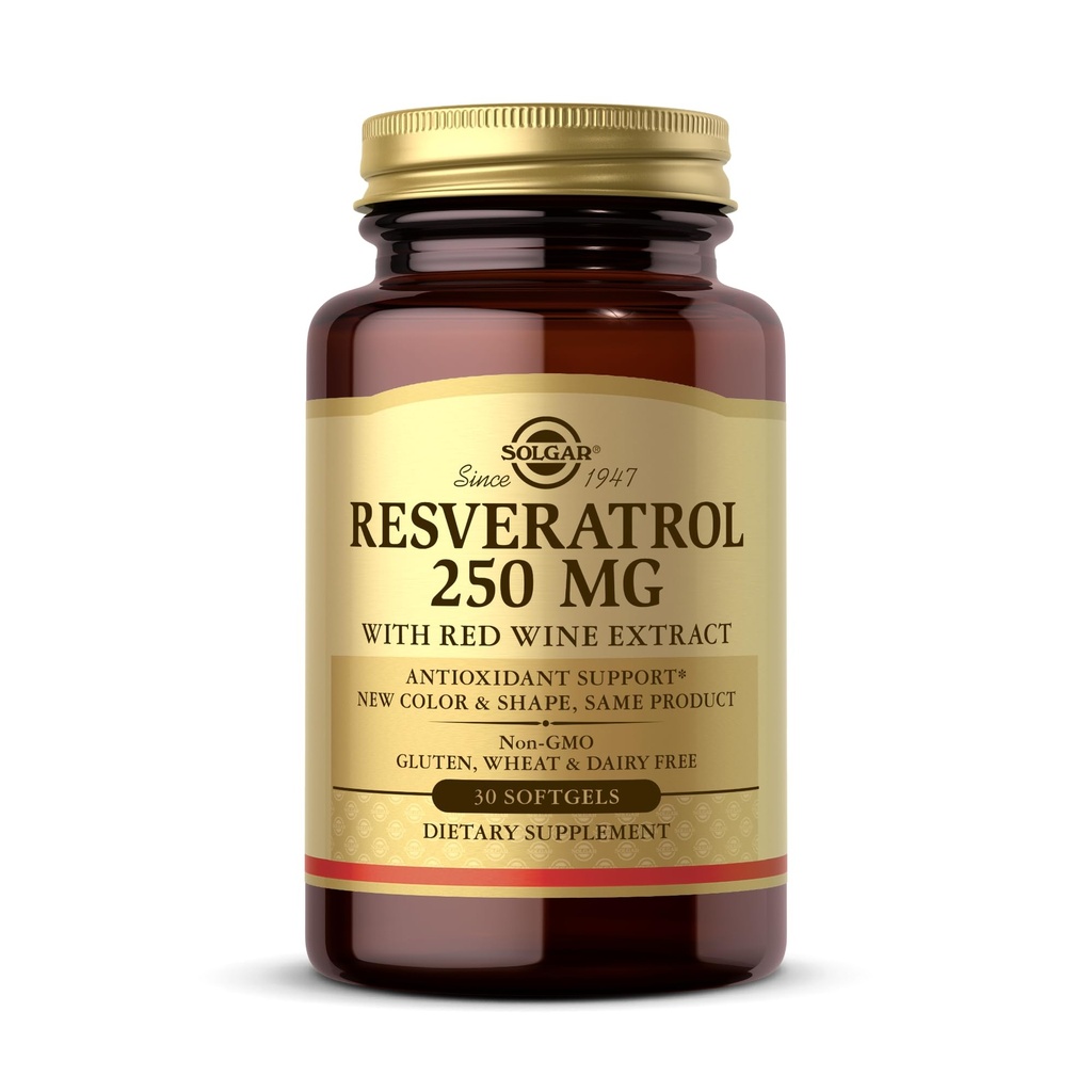 Solgar Resveratrol 250 mg med rødvin ekstrakt - 30 Softgels - Antioksidant støtte - Ikke-GMO, Glutenfri, Dairy Free - 30 Services
