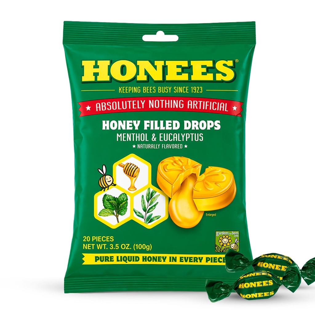 Honning Menthol Cough Drops - 20- Piece, enkelt pakke Honning-fylte Lozenges | midlertidig lindring fra Cough | Soothes Sore Throat | Alt naturlig