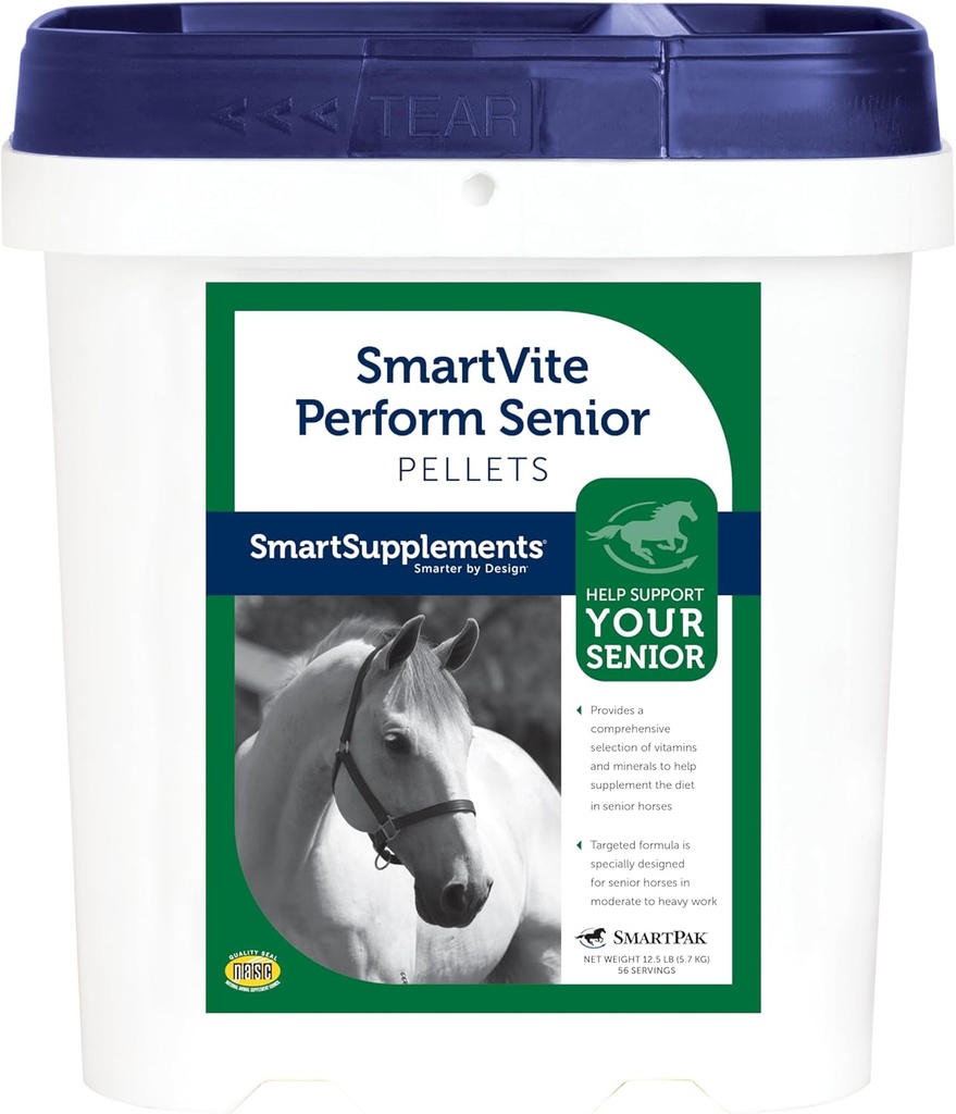 SmartVite utføre eldre Pellets | Vitamin E, Magnesium Supplement for eldre hester | Inkluderer vitamin C, B kompleks, Manganesisk, Biotin og mer | 56 Services | 12,5 lb Bucket