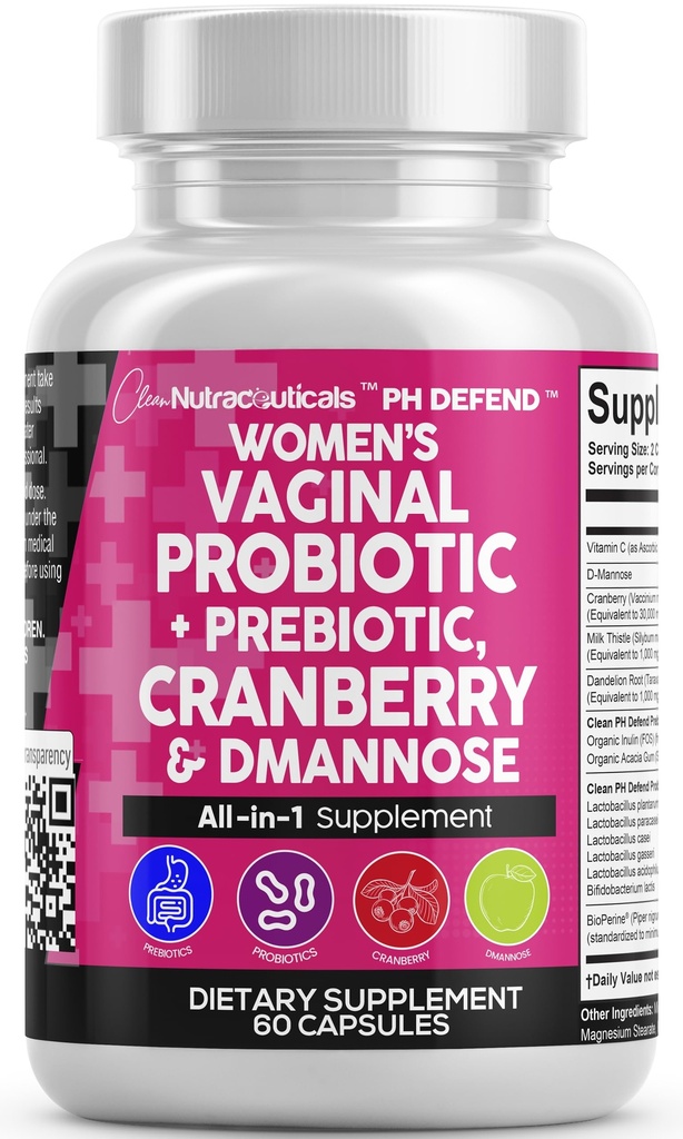 Clean Nutraceuticals Vaginal probiotika for kvinner med tranebær, D-Mannose, prebiotika, pH balanse støtte, feminin helse, urinveitrakt rensing – Kapsel Alternativ til gummier – 60 greve