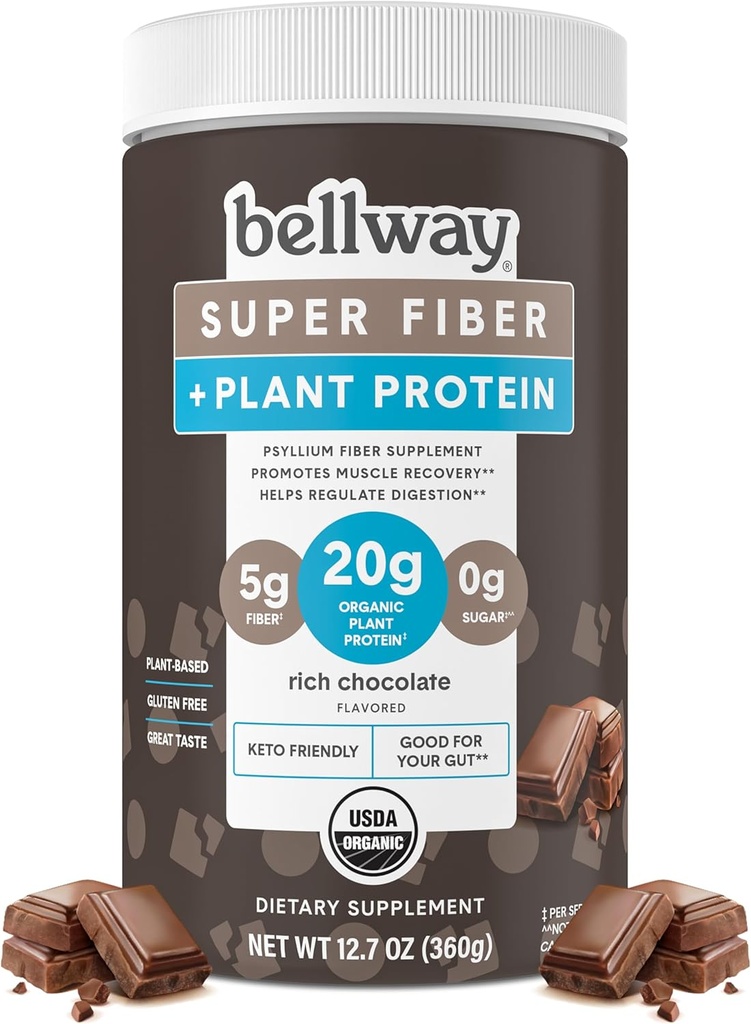 Bellway Super Fiber + Protein pulver, sukkerfri organisk Psyllium Husk Fiber Supplement pulver med 20g Planteprotein Per Serving, rik sjokolade, 12,7 oz