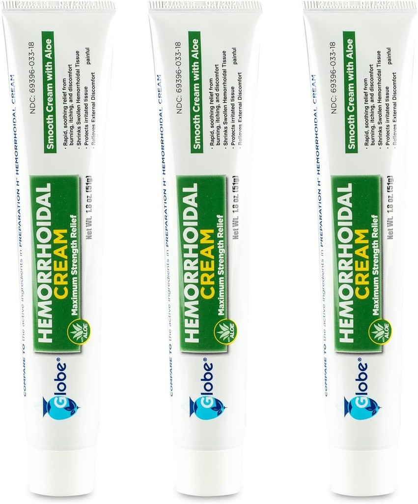 Globe (3 Pack) Hemorroide Krem, Relief med Aloe, (1,8 Ounce Tube) Relief fra hemorroider, Piler, kløe, brenning, skuffelse, og mer
