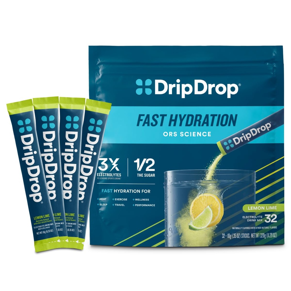 DripDrop Hydration Packets - Lemon Lime - Single servere elektrolyter pulver drikk blanding - ikke-GMO, Glutenfri, Vegan - 32 Sticks