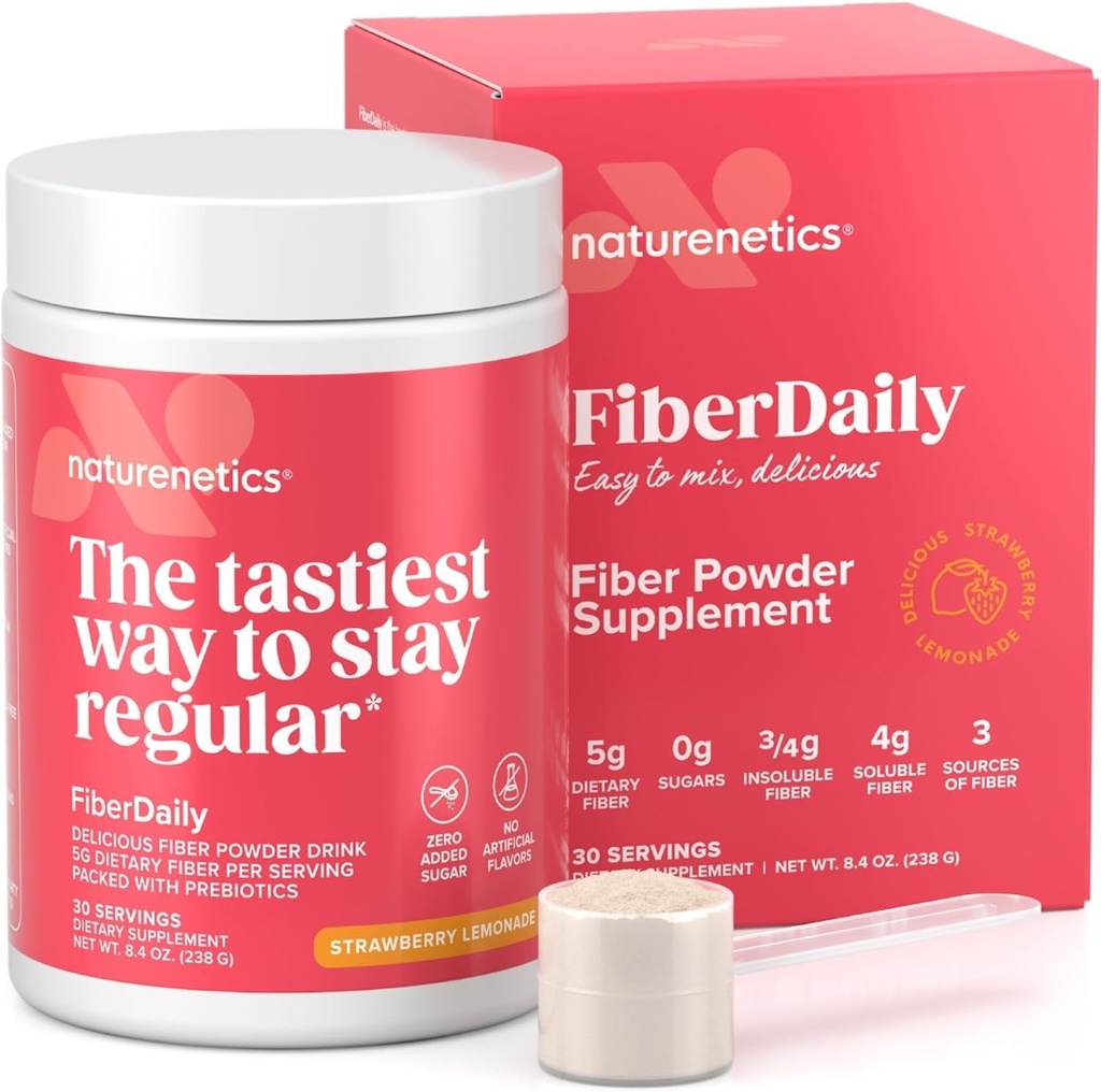 FiberDaily Delicious Fiber Powder - Organic Psyllium Husk, Agave Inulin & Sunfiber® Guar Gum Strawberry Lemonade Drink, Sukkerfri, Oppløselig Fiber, Prebiotisk Fiber Supplement, Vegansk, 30 Services