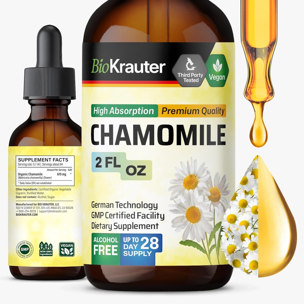 BIO KRAUTER Kamille Blomster Tinktur - Kamille Ekstrakt - Inneholder Apigenin - Supplement for avslapning og ro støtte - alkohol og sukker gratis - Vegan Drops 2 Fl.Oz.