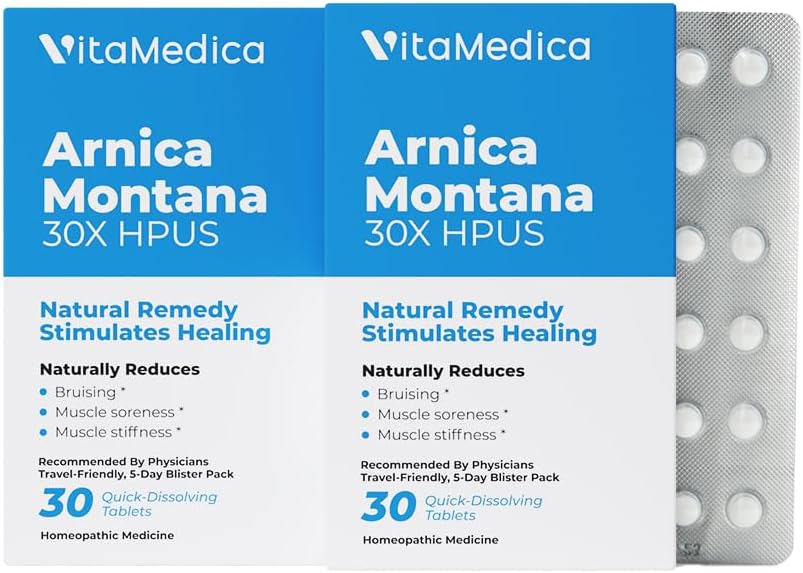 VitaMedica Arnica Montana Blemster pakke 30X tabletter for bruk av smerte og sviming | Plantebasert formel | Anbefalt av plastikkkirurgi | Naturlig gjenoppretting kirurgi eller skade | 2 Pack | 30 Services