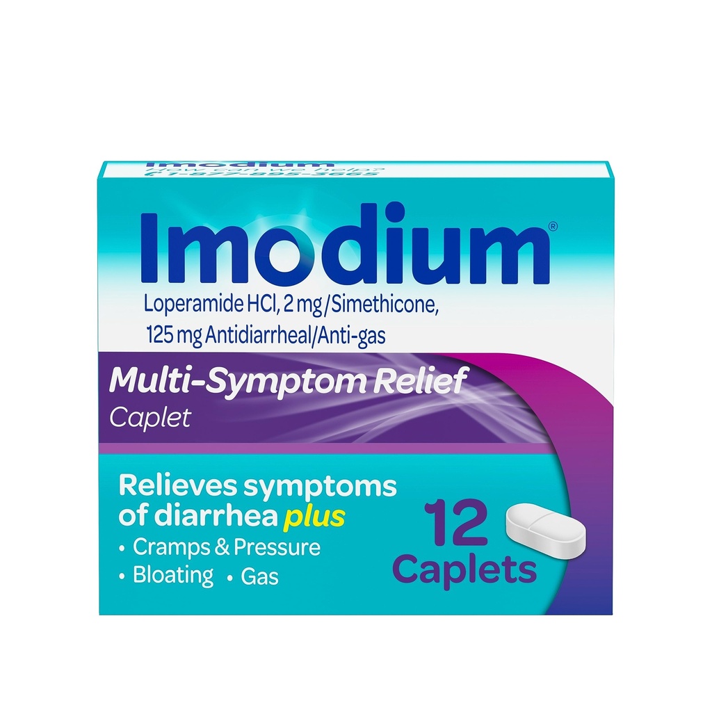 Imodium A-D Diarrhea Relief Caplets with 2 mg Loperamide Hydrochloride, Anti-Diarrheal Medication to Help Control Symptoms of Diarrhea Due to Traveler's Diarrhea, Easier to Open, 12 ct