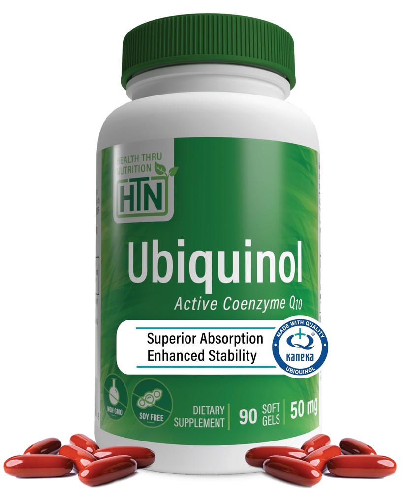 Helse Thru Nutrition Ubiquinol 50mg 90 Softgels som Kaneka QH Redusert CoQ-10 | Stabilisert - 3. parti testet | Forbedret biotilgjengelighet | Cardiovaskulær og Mitokondrier funksjonsstøtte | Ikke-GMO