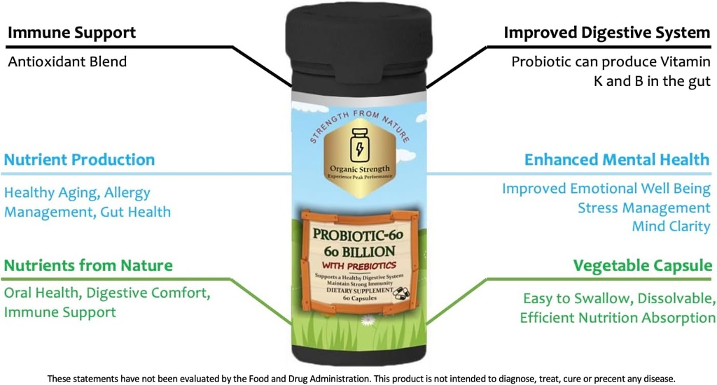 Probiotika 60 Kapsler: Nurish Gut for optimal digestiv helse med proprietær blanding av 60 milliarder CFU (60 greve)