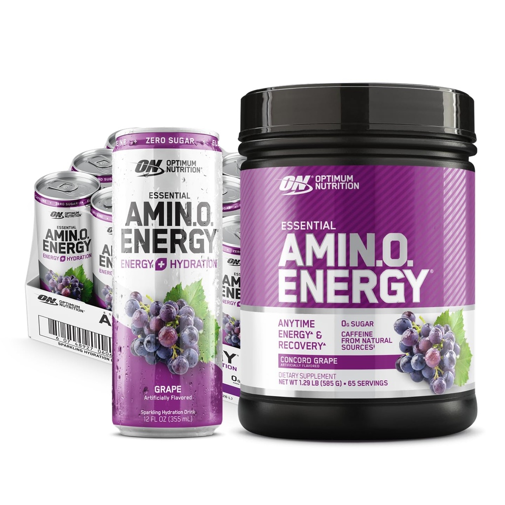 Optimum Ernæring Amino Energipulver: Concord Grape (65 Serveringer) med essensielle Amino Energy Plus Electrolyes Sparkling Drink: Grape (12 Cans) - Bundle Pack