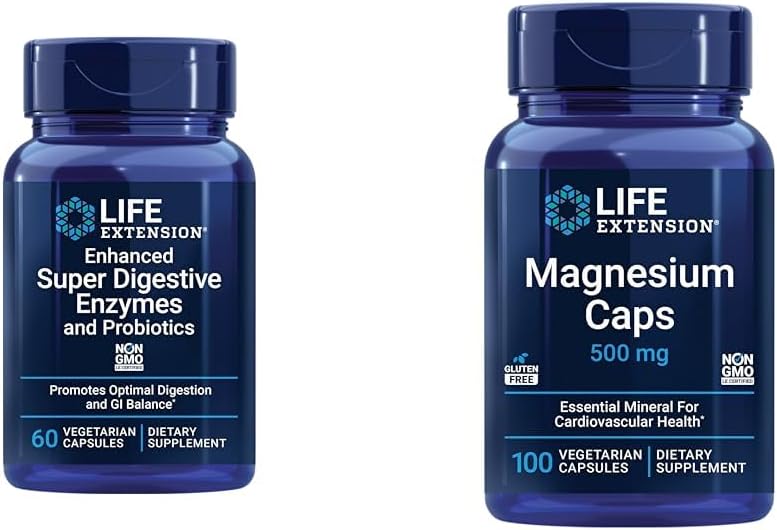 Livsforlengelse 60 Vegetariske kapsler Forbedret Super Digestive Enzymer & Probiotika og 100 Magnesium Kapsler for hjerte, Bein, Metabolisme Støtte